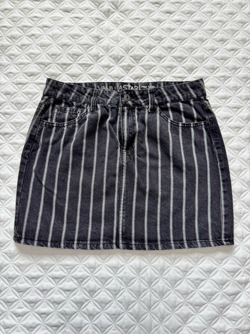 Vanilla Star Black White Striped Denim Mini Skirt Size 7 Waist 28 Y2K 90s Punk